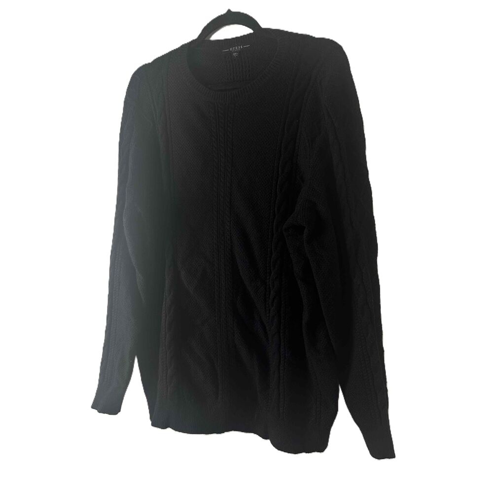 Guess Sweater Mens Size Large Black Cable Knit Long Sleeve Crew Neck